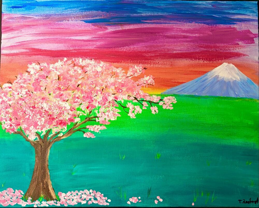 Hand painted acrylic original painting cherry blossom tree Mount Fuji Japan